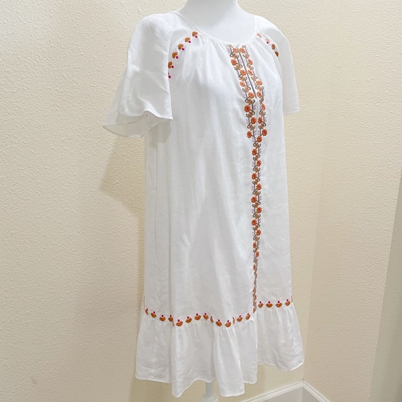 Madewell Embroidered Linen-Blend Raglan Ruffle Mini Dress - Picture 3 of 6
